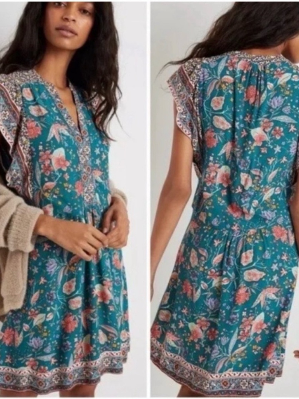 Anthropologie Zenia Green Floral Dress Boho Size xs Turquoise - EUC